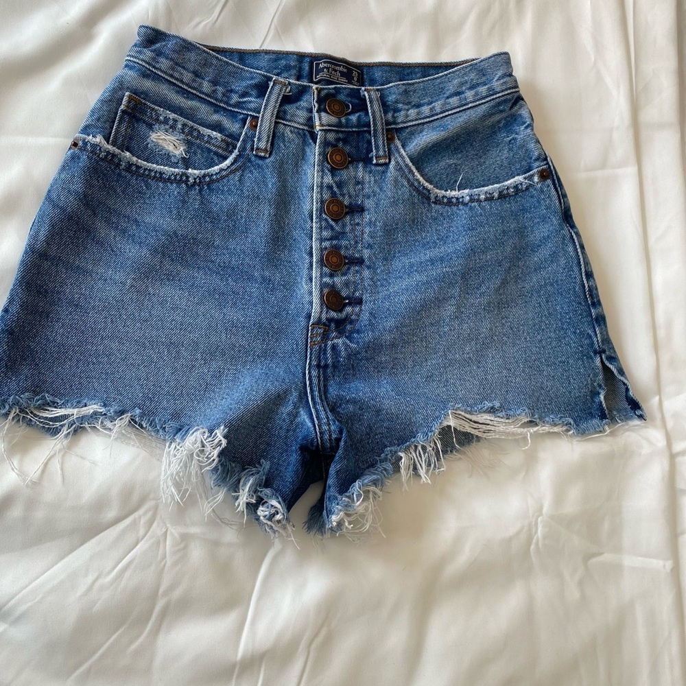 Abercrombie & Fitch Button-Front Distressed Denim Shorts - Blue